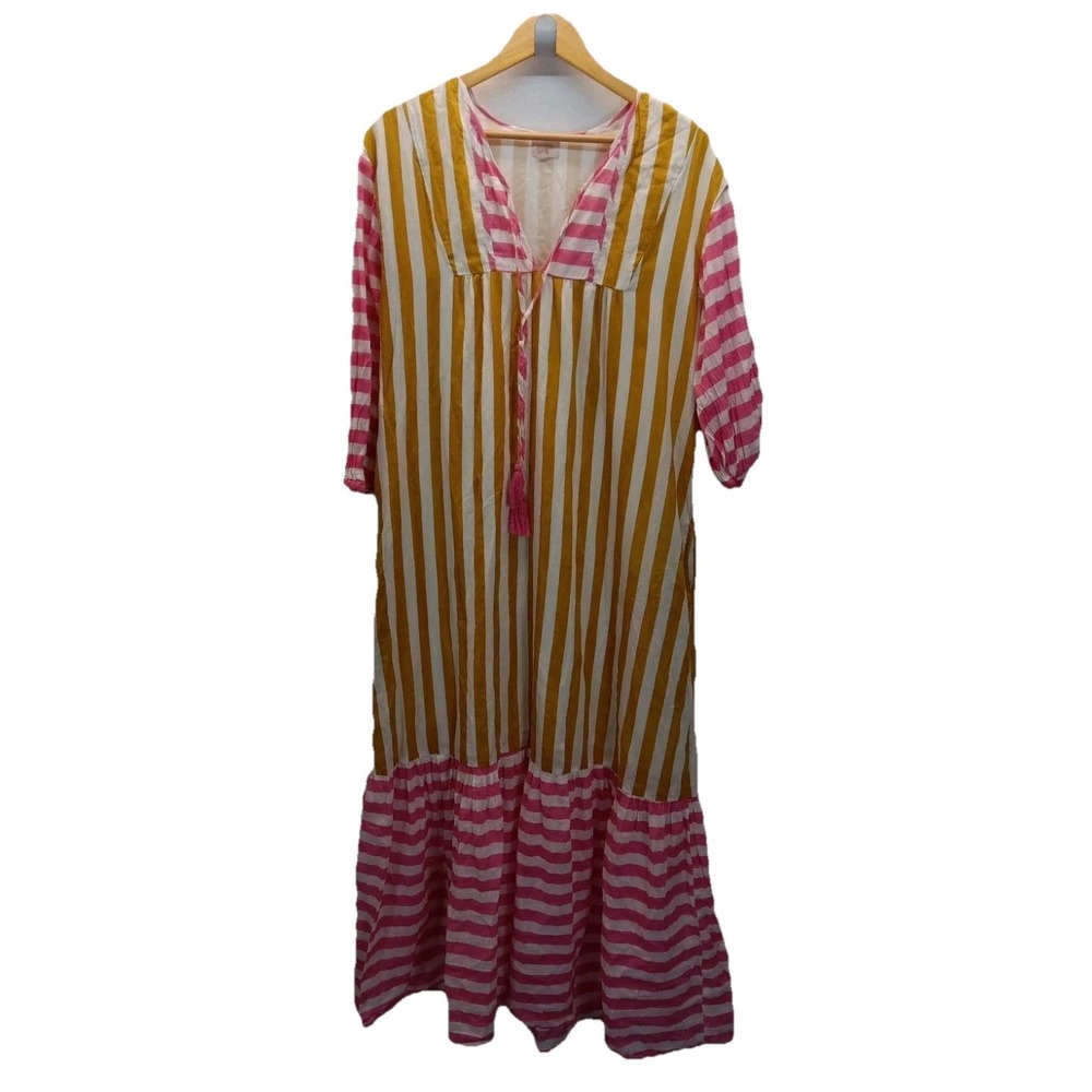 Sunshine Tienda Pink Yellow striped 3/4 Resort Tropical Beach S maxi dress - Picture 3 of 12